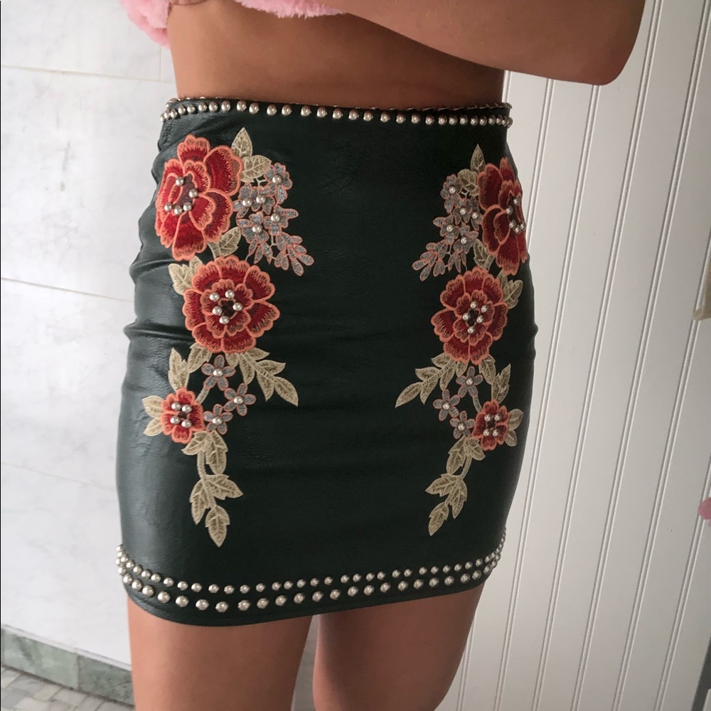 Green Leather Embroidered and Studded Pencil Skirt